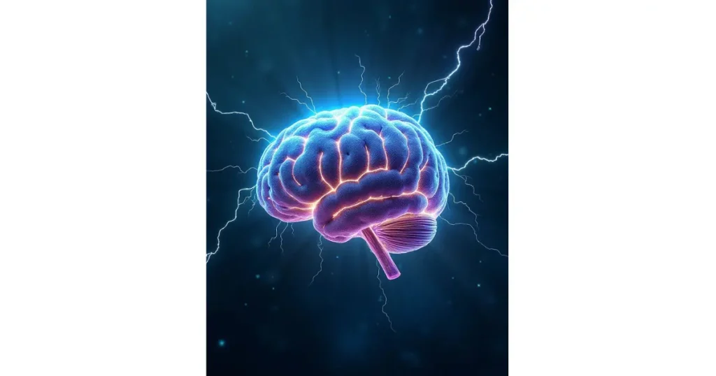 Glowing human brain with lightning-like neural connections